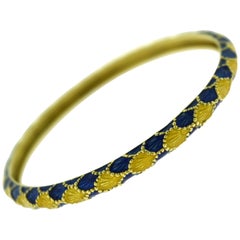 Vintage Tiffany & Co. Yellow Gold and Blue Enamel Design Bangle Bracelet