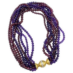 Retro Tiffany & Co. Yellow Gold, Diamond, Amethyst and Garnet Bead Necklace 