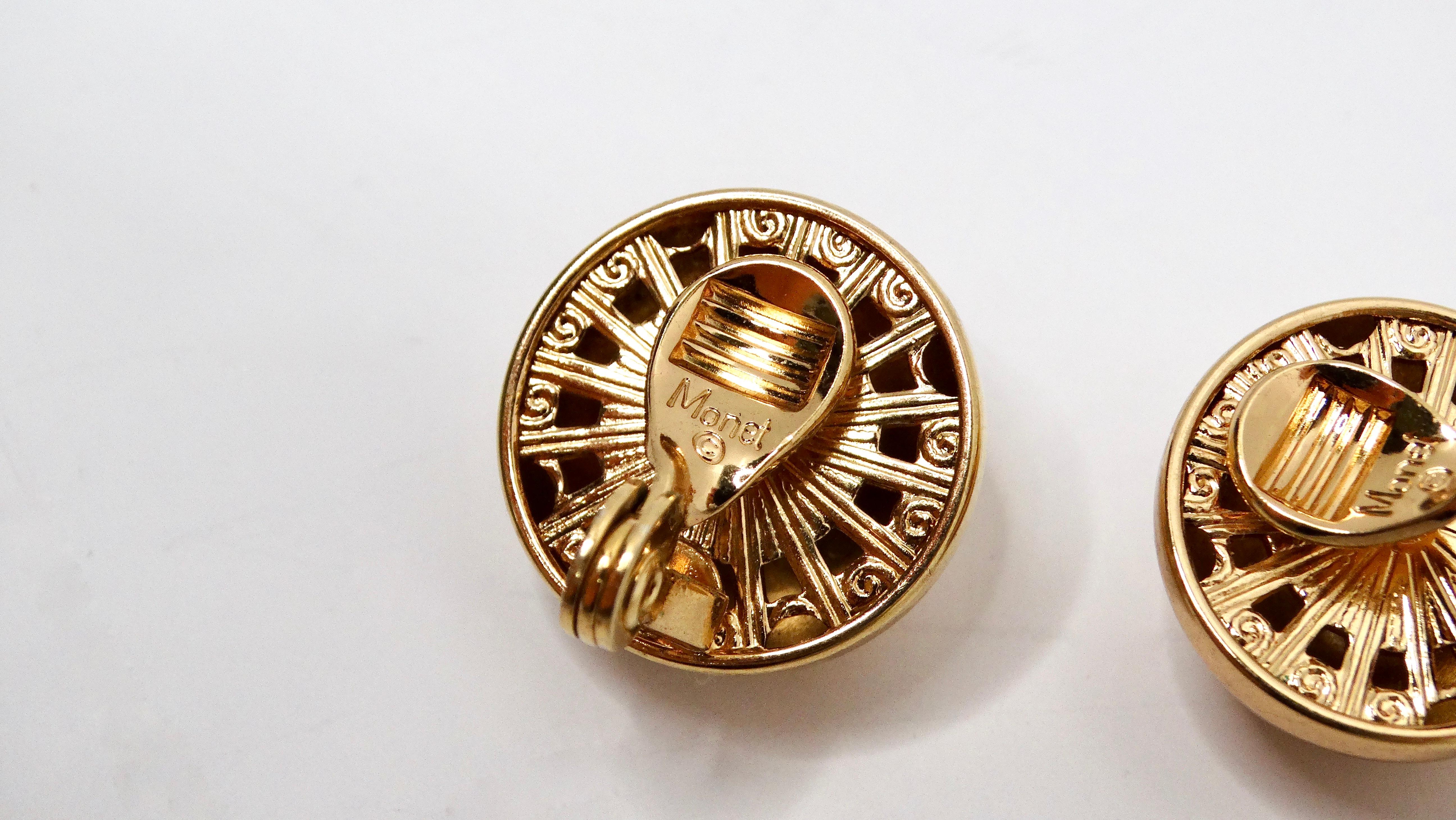 Women's Vintage Tiffany Inspired Monet 14k Gold Plated Round Dome Clip-On Earrings For Sale