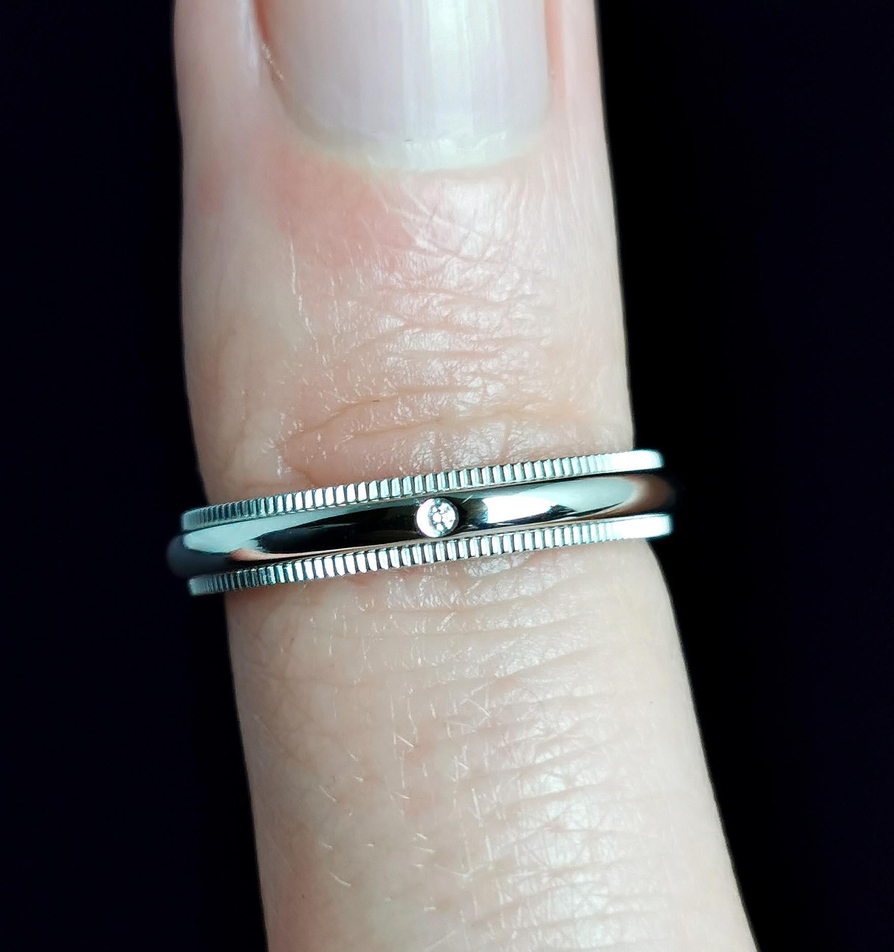 Round Cut Vintage Tiffany Platinum Classic Milgrain Wedding Band Ring, Diamond, Wedding