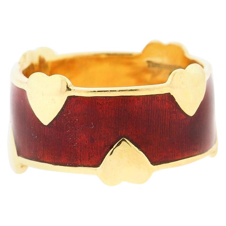 Vintage Tiffany Schlumberger 18 Karat Gold Red Enamel Heart Band Ring For Sale