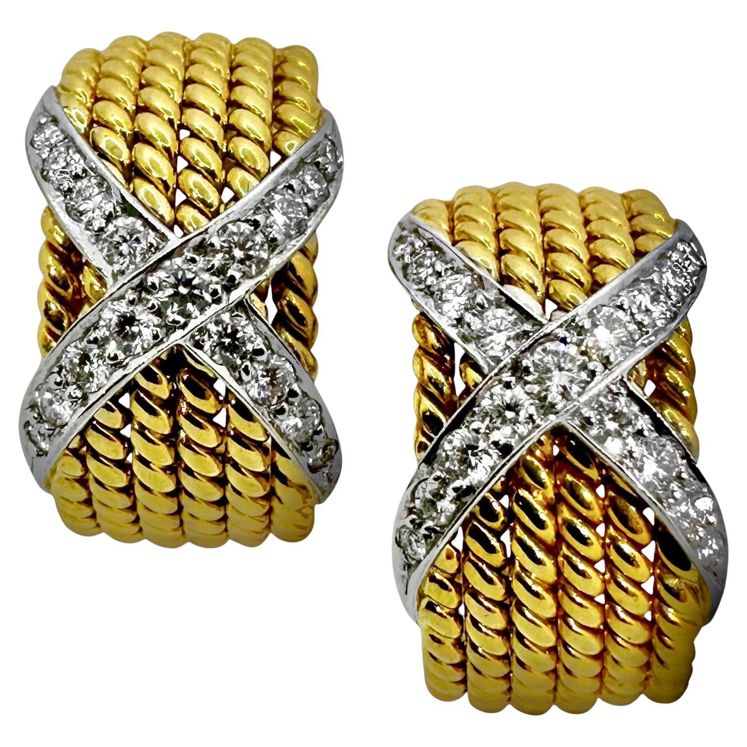 Vintage Tiffany 
Co Schlumberger 6 Row Gold Rope, Platin 
Diamant X Ohrringe