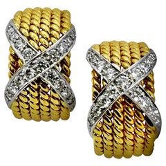 Vintage Tiffany & Co Schlumberger 6 Row Gold Rope, Platinum & Diamond X Earrings