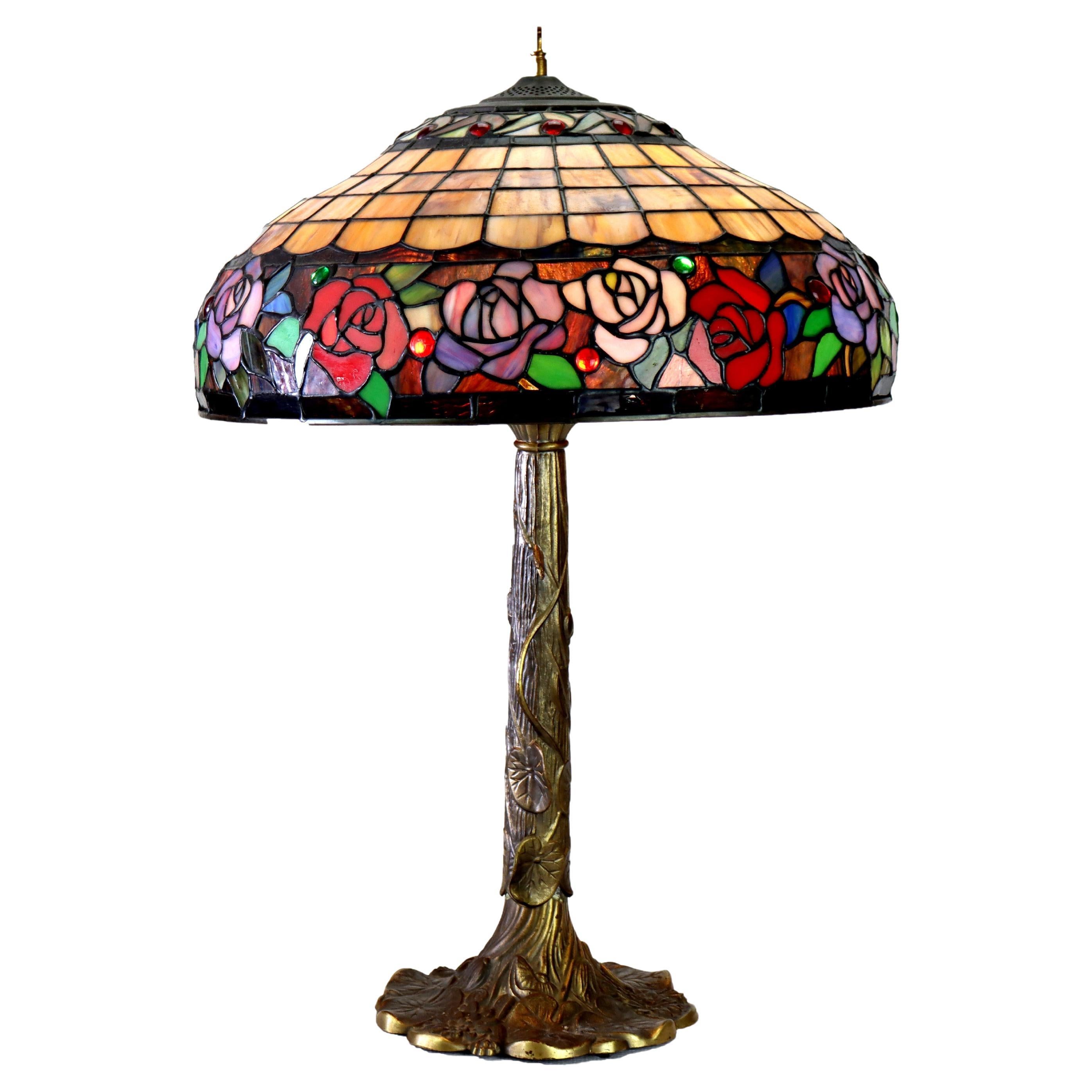 Vintage Tiffany School Leaded Stained Glass Floral Table Lamp 20thC