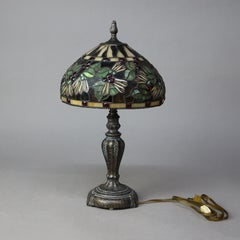 Vintage Tiffany School Leaded Stained Glass Table Lamp with Flowers 20thC