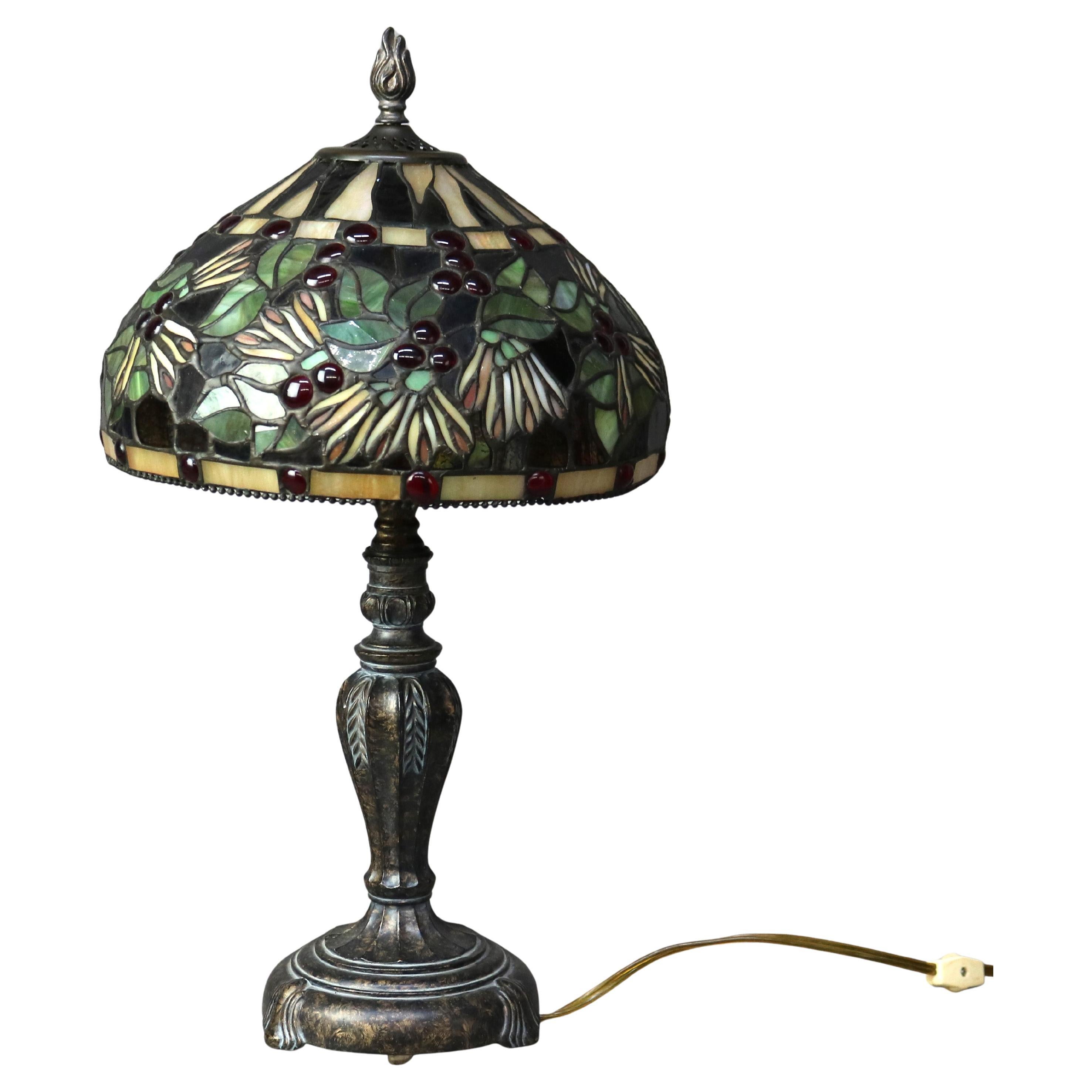 Vintage Tiffany School Leaded Stained Glass Table Lamp with Flowers 20thC