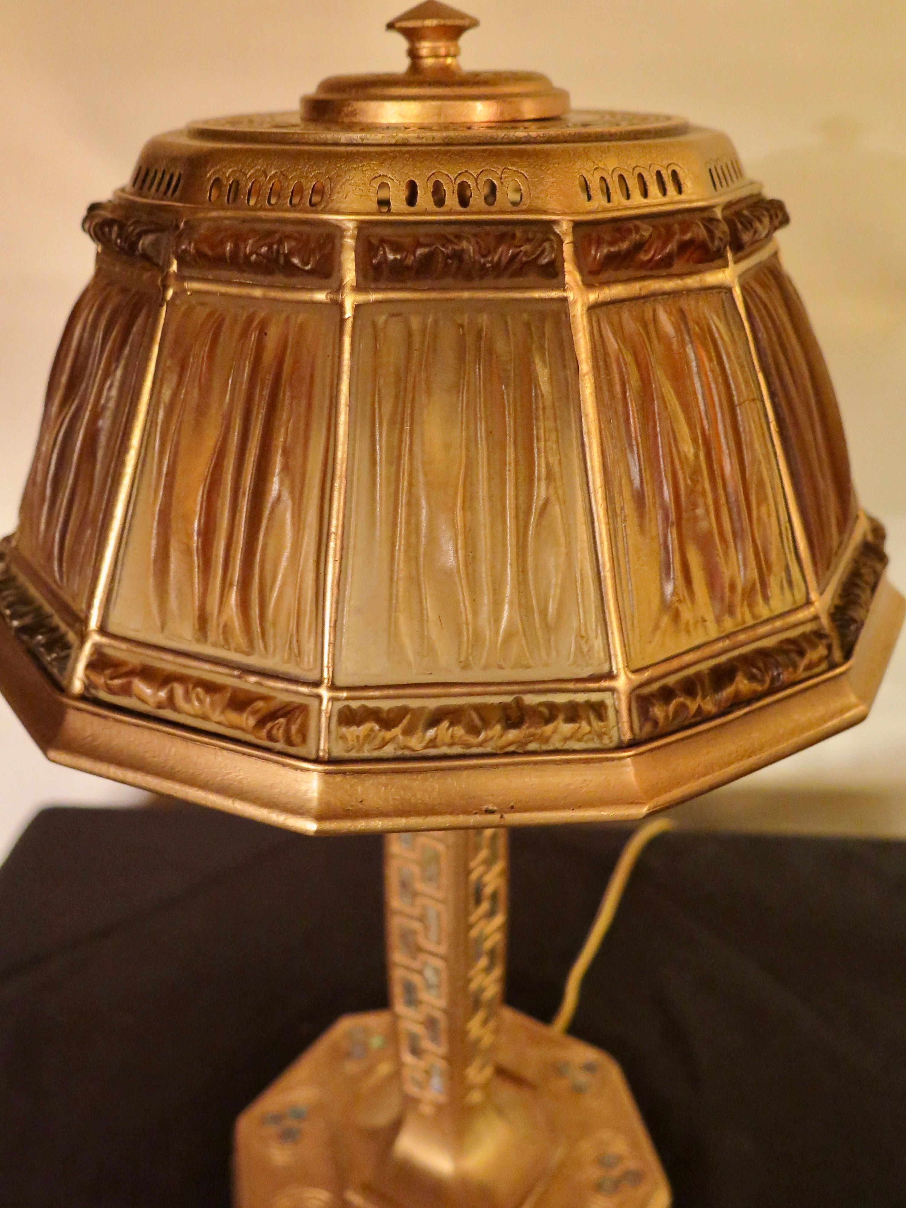 Art Nouveau Vintage Tiffany Studios Linenfold 'Fabrique' Abalone Desk Lamp For Sale