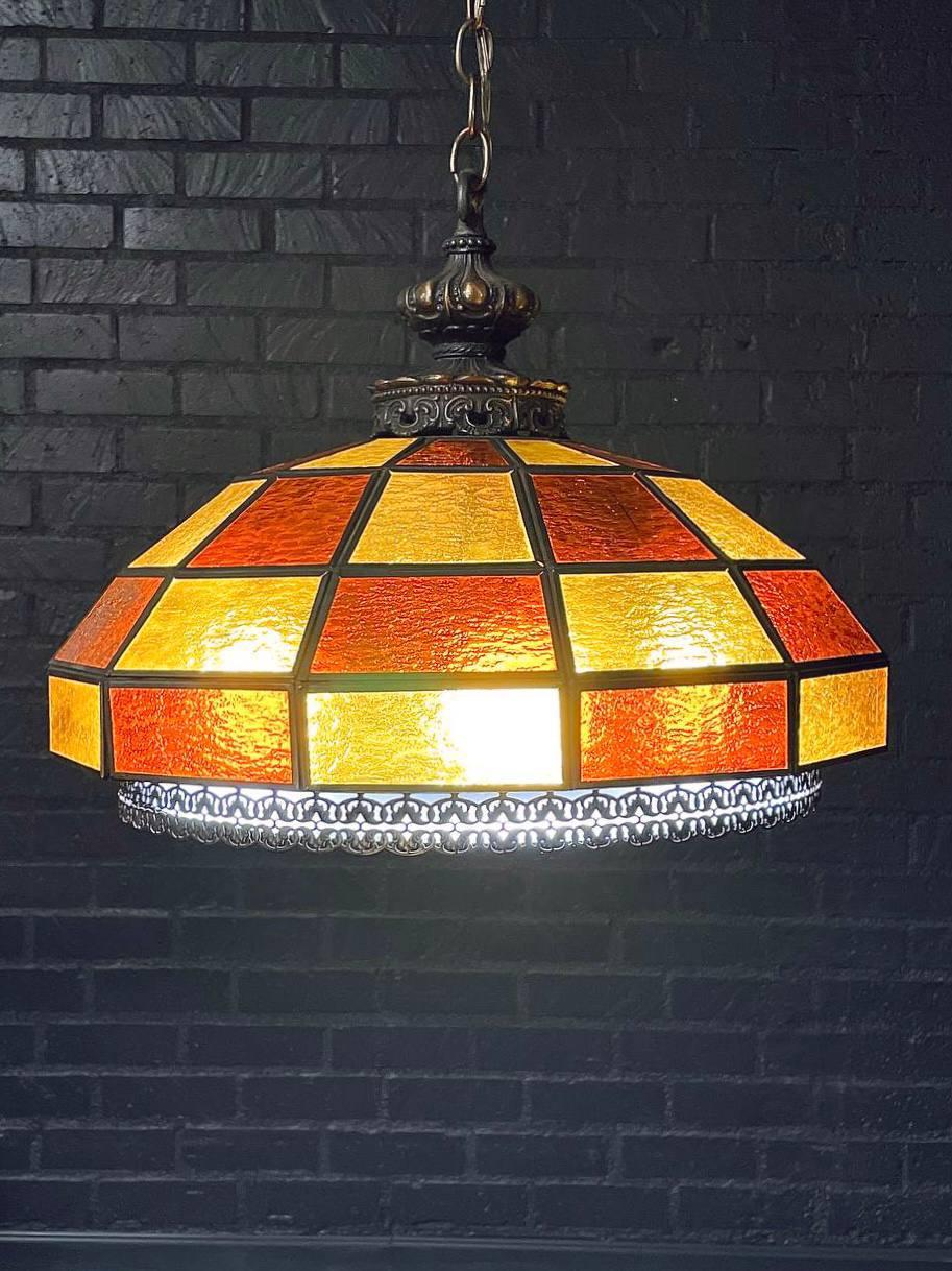 Arts and Crafts Vintage Tiffany Style Amber & Burnt Orange Geometric Glass Dome Pendant Chandeli For Sale