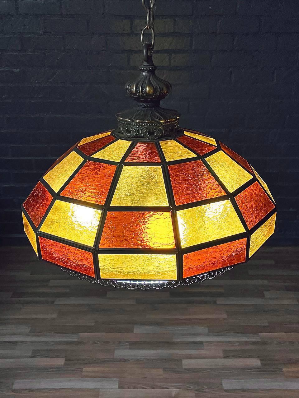 North American Vintage Tiffany Style Amber & Burnt Orange Geometric Glass Dome Pendant Chandeli For Sale