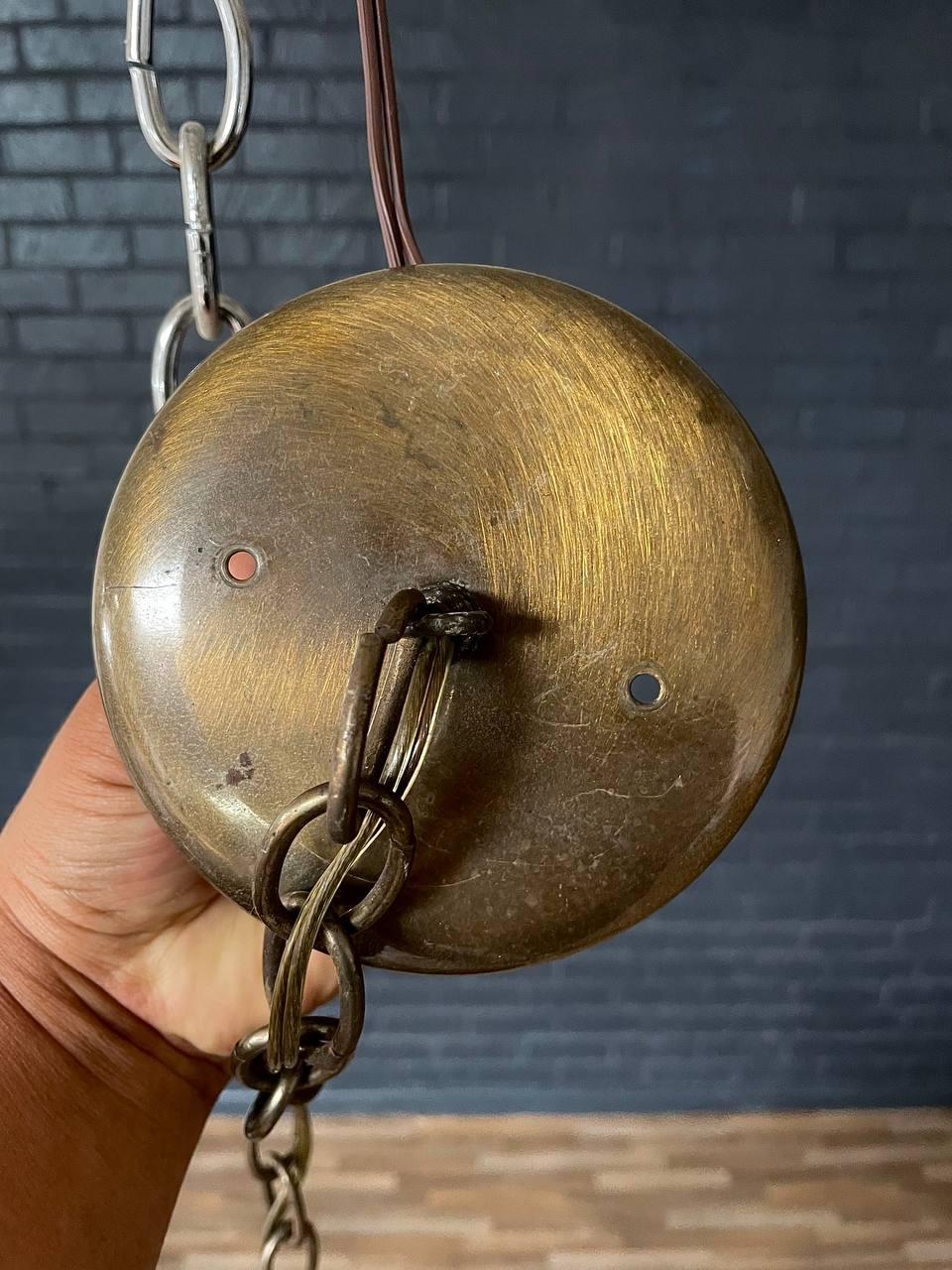 Vintage Tiffany Style Amber & Burnt Orange Geometric Glass Dome Pendant Chandeli In Good Condition For Sale In Los Angeles, CA