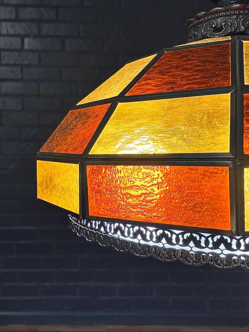 Brass Vintage Tiffany Style Amber & Burnt Orange Geometric Glass Dome Pendant Chandeli For Sale