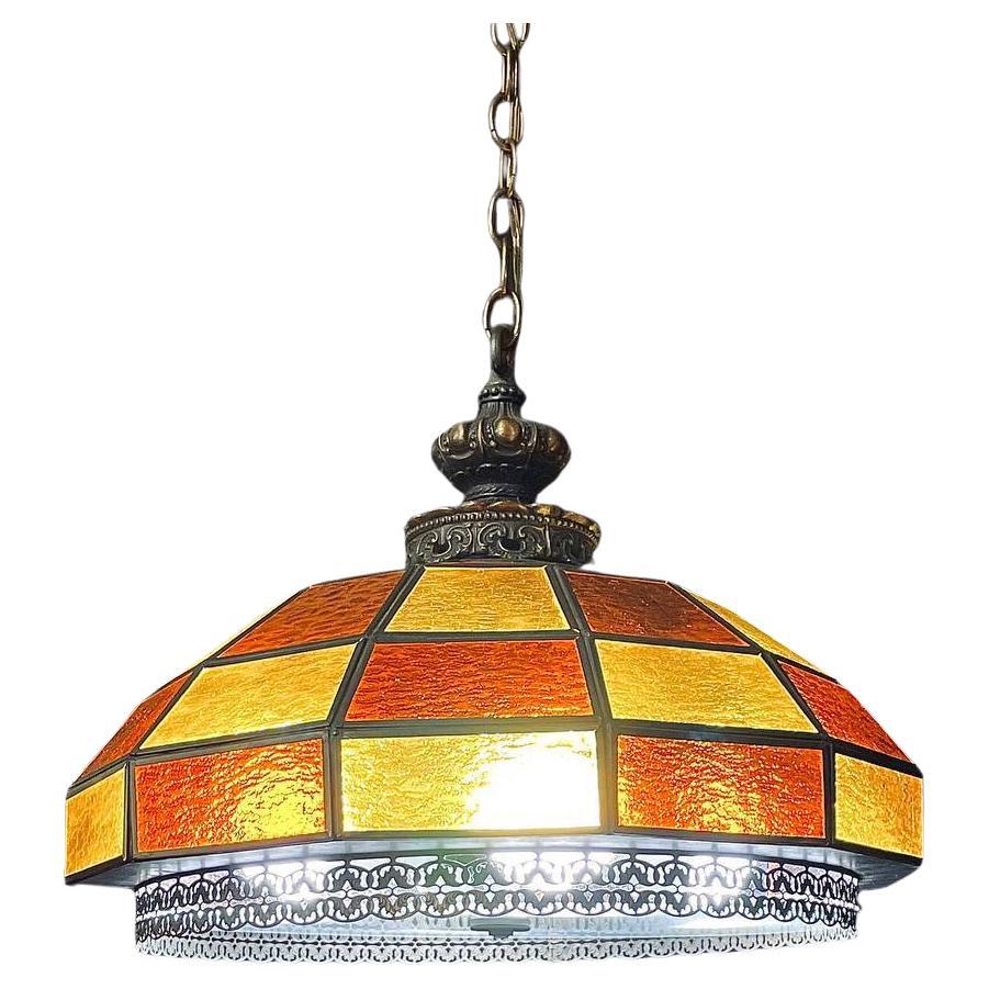 Lampadario a cupola in vetro geometrico vintage in stile Tiffany, ambra e arancione bruciato