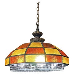 Vintage Tiffany Style Amber & Burnt Orange Geometric Glass Dome Pendant Chandeli