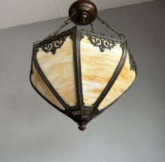 Vintage Tiffany Style Caramel Slag Glass and Metal Frame Hanging Light Fixture