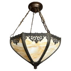 Vintage Tiffany Style Caramel Slag Glass and Metal Frame Hanging Light Fixture