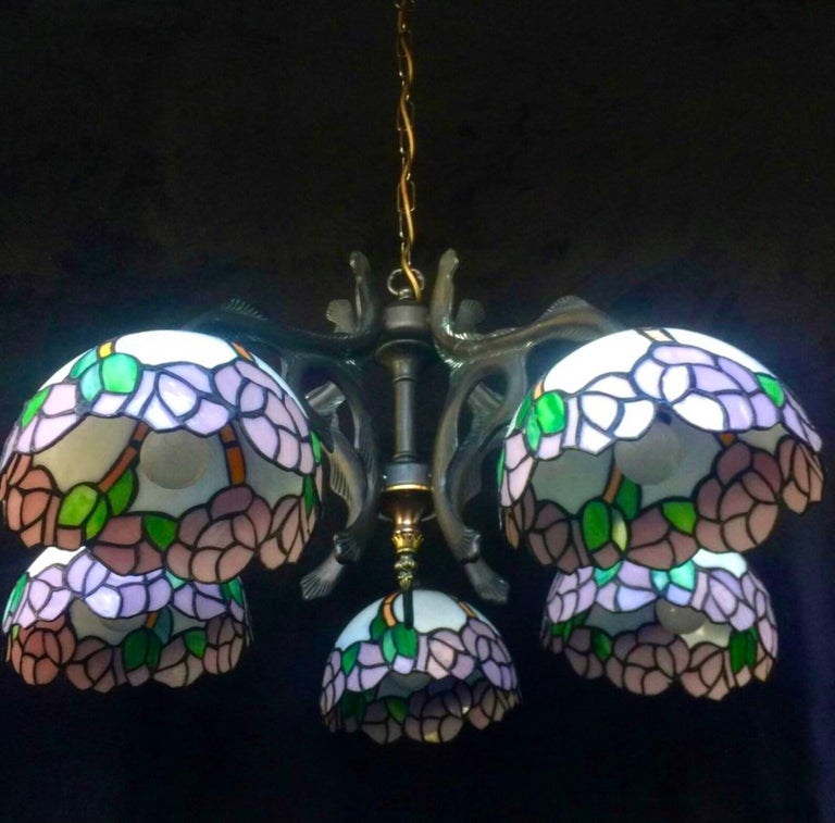 Vintage Tiffany Style Chandelier Bronze Chandelier, Italy For Sale at