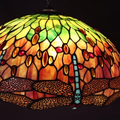 Vintage Tiffany Style Figural Dragonfly Stained Leaded Glass Chandelier 20thC