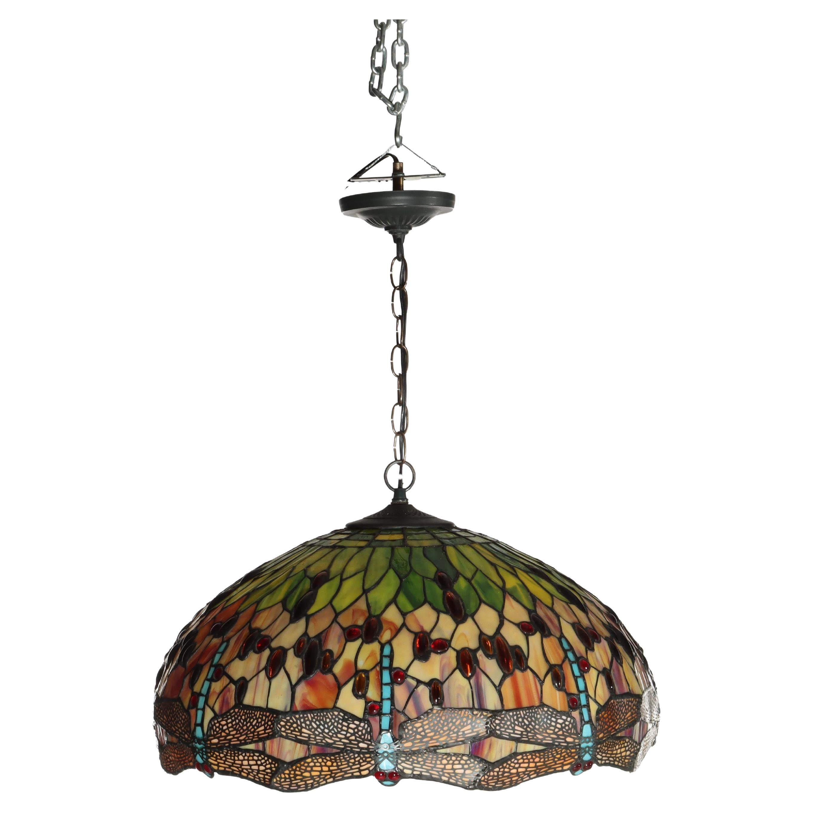 Vintage Tiffany Style Figural Dragonfly Stained Leaded Glass Chandelier 20thC
