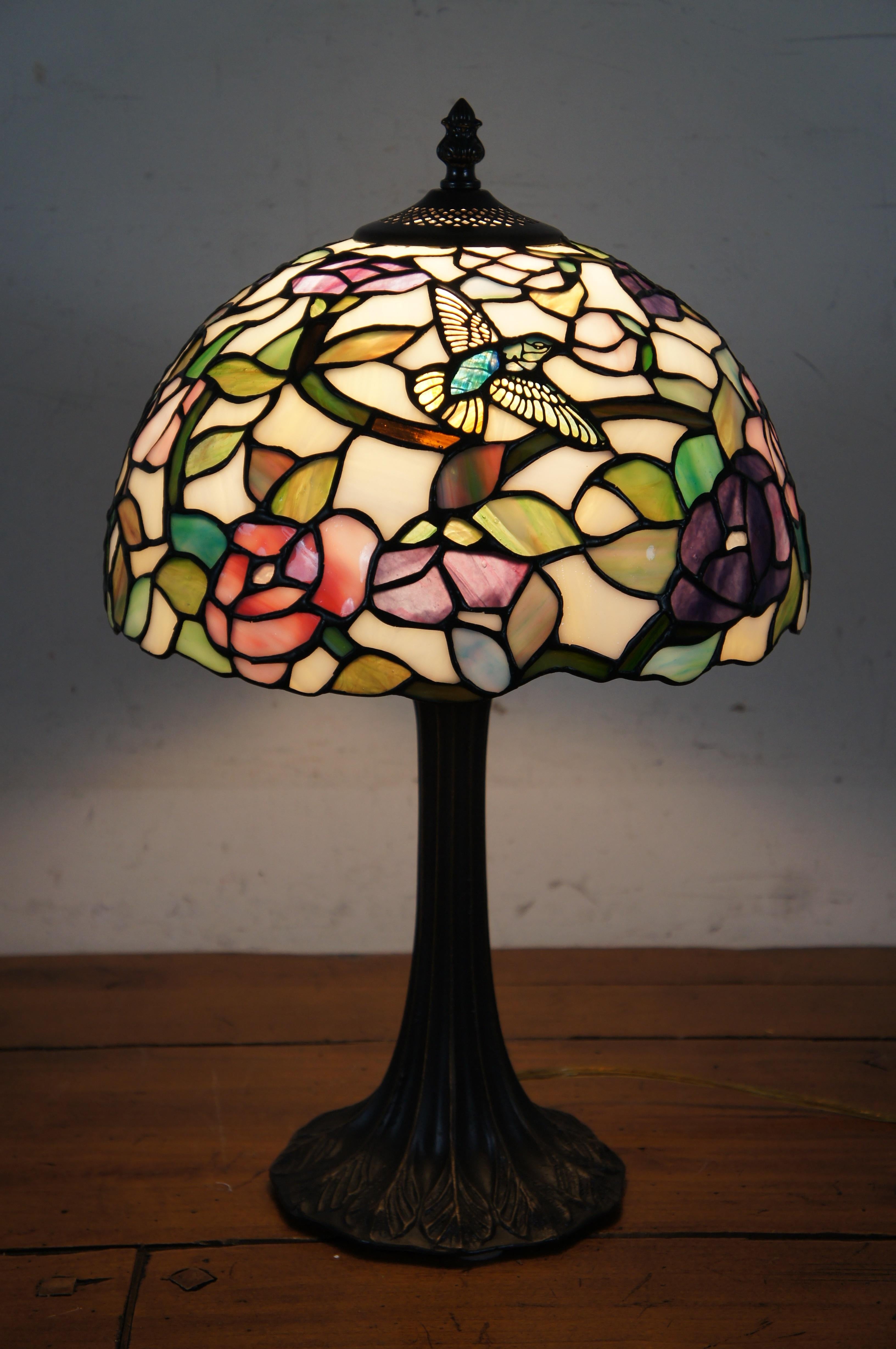Vintage Tiffany Style Floral Rose Hummingbird Stained Slag Parlor Lamp 19