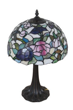 Vintage Tiffany Style Floral Rose Hummingbird Stained Slag Parlor Lamp 19"