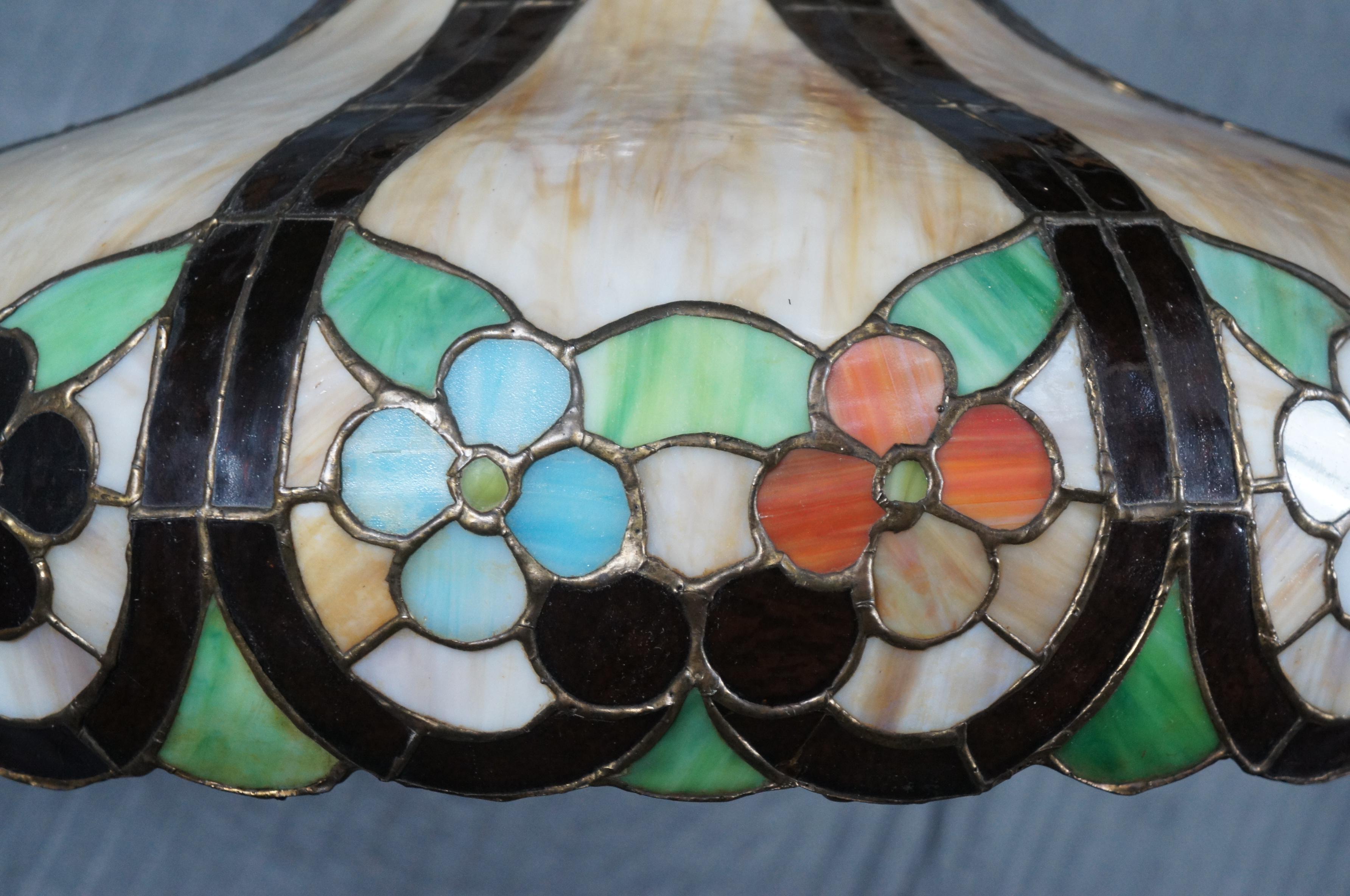 20th Century Vintage Tiffany Style Floral Stained Slag Glass Pendant Swag Light Shade 24