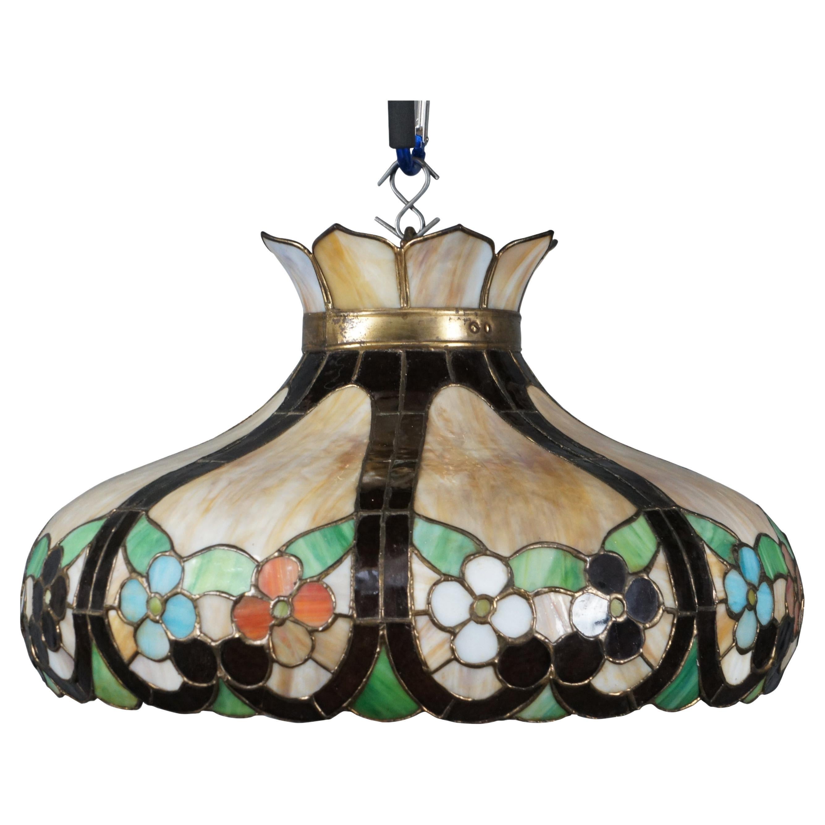 Vintage Tiffany Style Floral Stained Slag Glass Pendant Swag Light Shade 24" For Sale