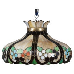 Used Tiffany Style Floral Stained Slag Glass Pendant Swag Light Shade 24"