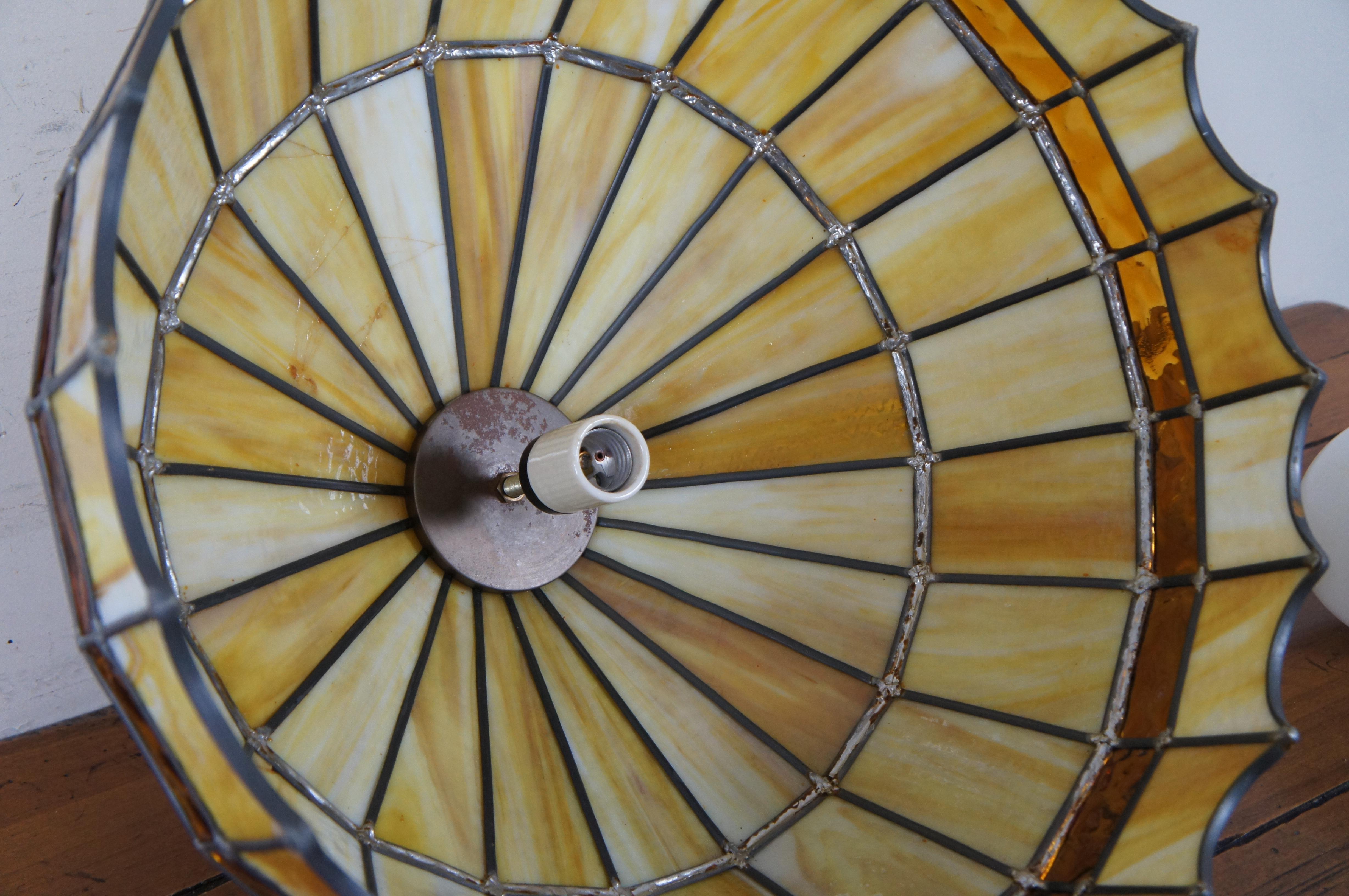 Vintage Tiffany Style Leaded Slag Glass Swag Pendant Light Yellow Amber 2