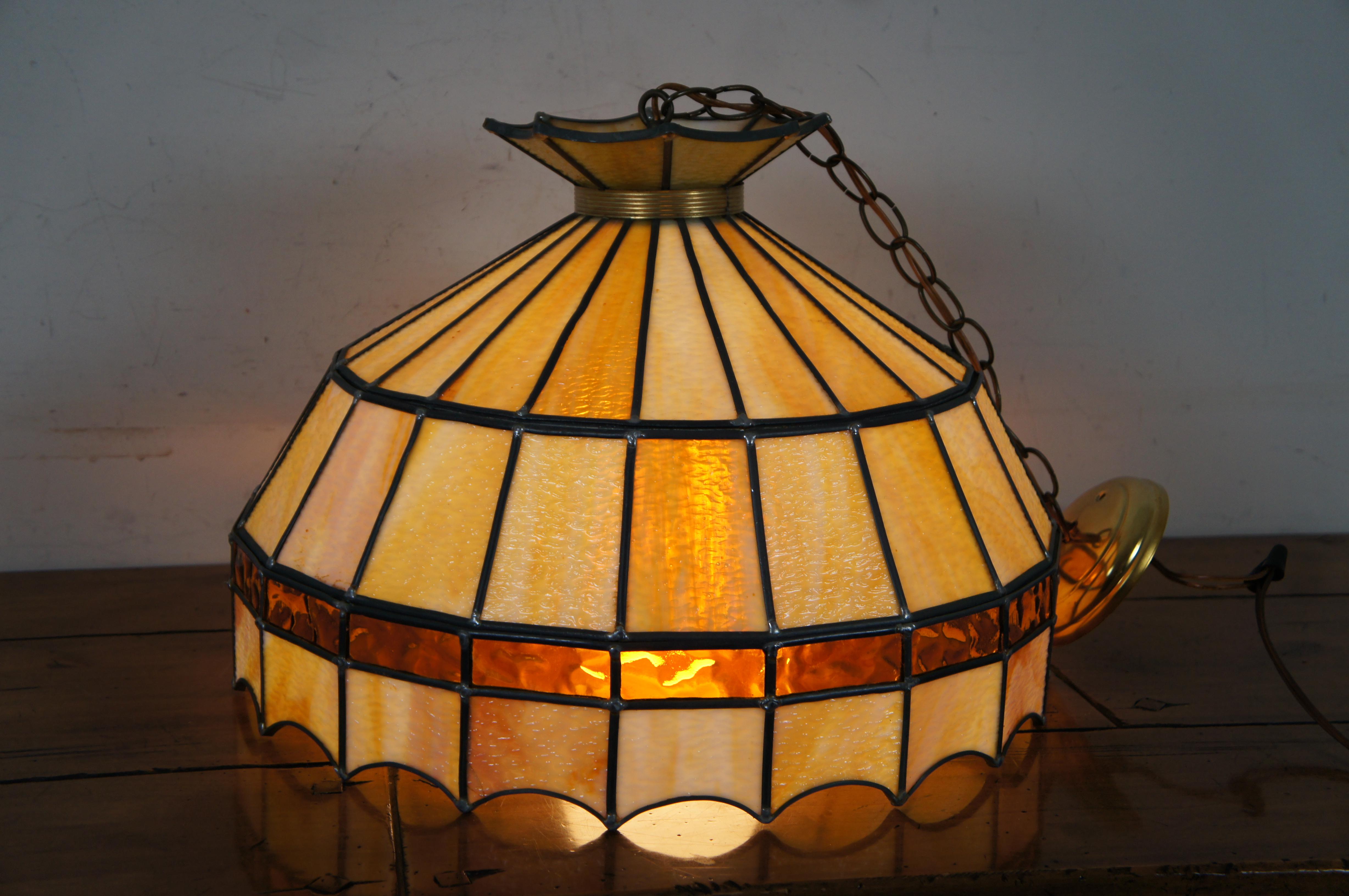 Vintage Tiffany Style Leaded Slag Glass Swag Pendant Light Yellow Amber 3