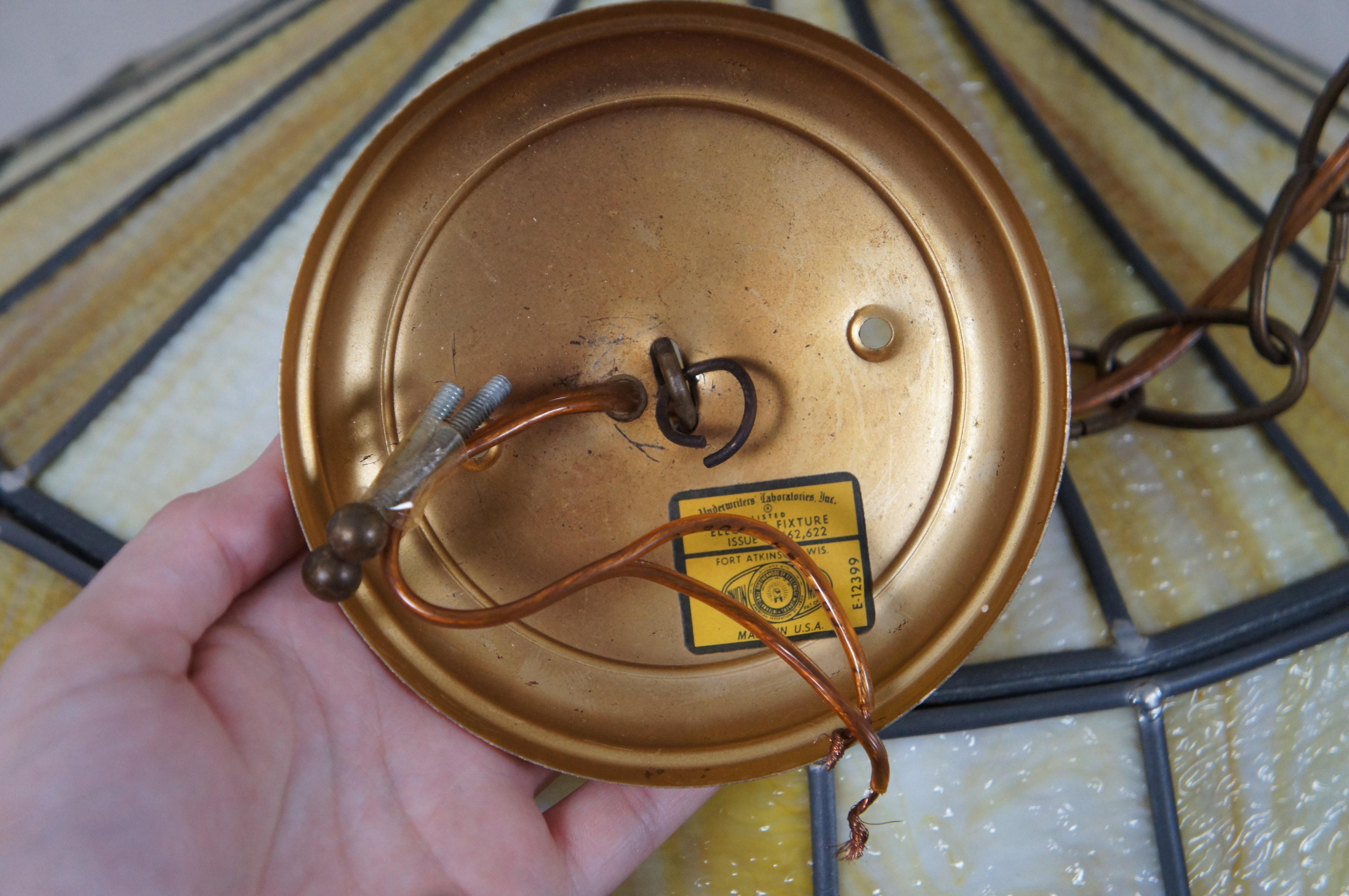 Art Deco Vintage Tiffany Style Leaded Slag Glass Swag Pendant Light Yellow Amber