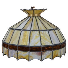 Vintage Tiffany Style Leaded Slag Glass Swag Pendant Light Yellow Amber