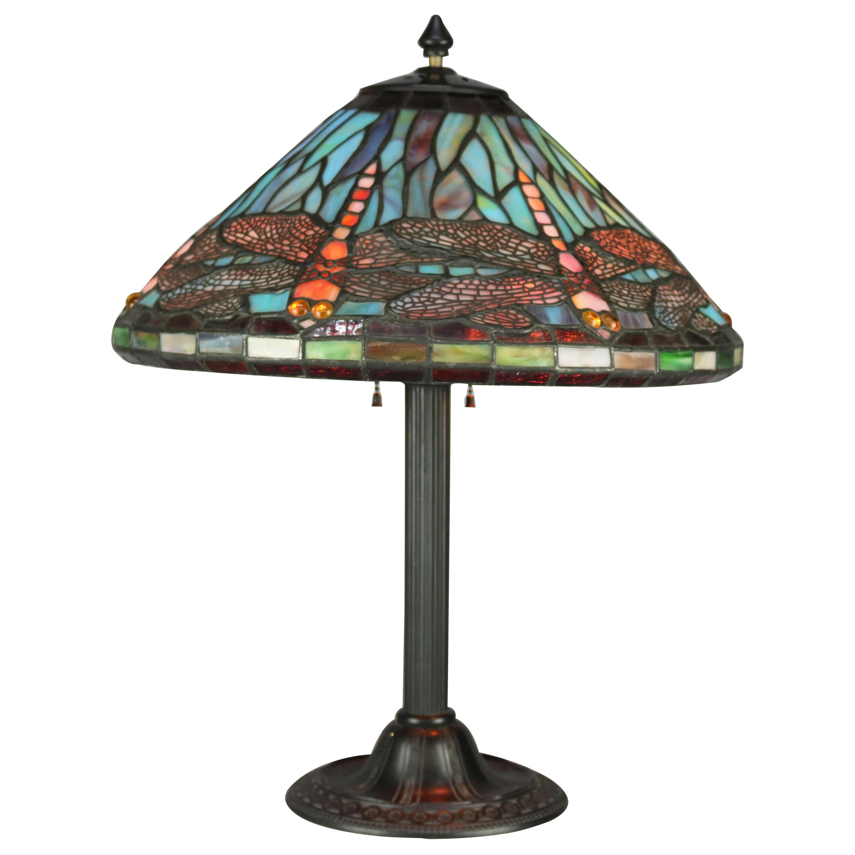 Vintage Tiffany Style Mosaic Jeweled and Leaded Glass Dragonfly Table Lamp
