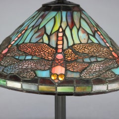 Vintage Tiffany Style Mosaic Jeweled and Leaded Glass Dragonfly Table Lamp