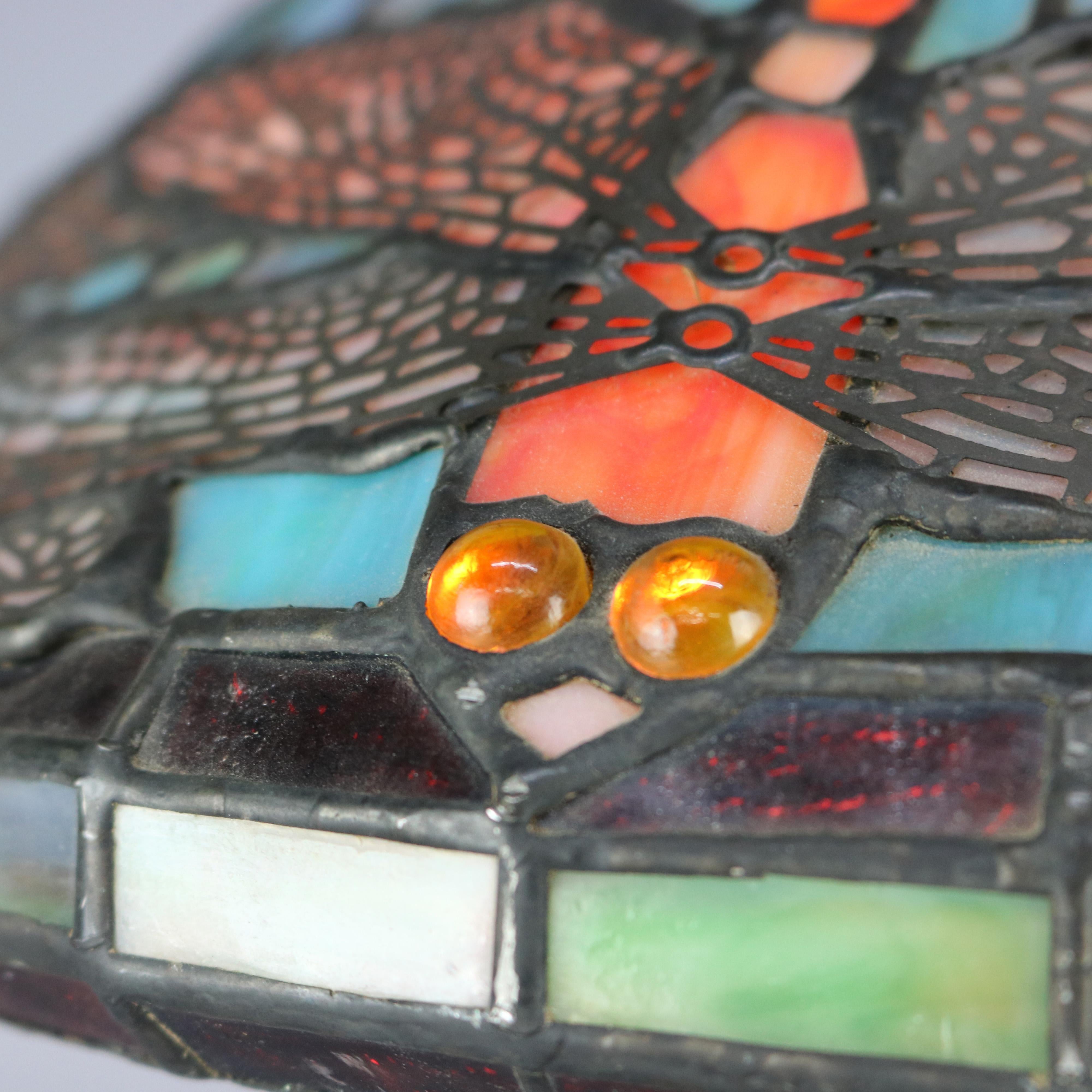 Arts and Crafts Vintage Tiffany Style Mosaic Jeweled and Leaded Glass Dragonfly Table Lamp