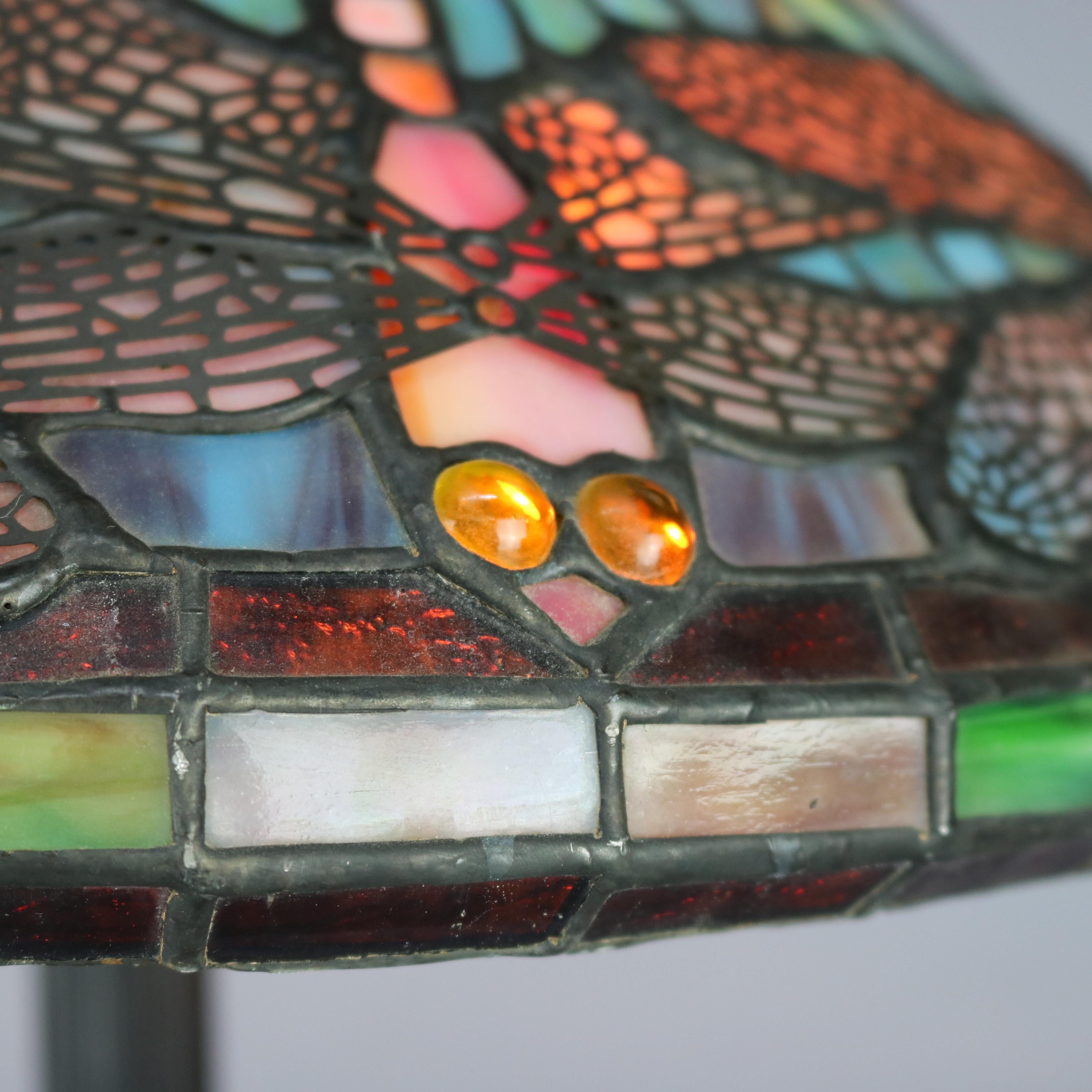 American Vintage Tiffany Style Mosaic Jeweled and Leaded Glass Dragonfly Table Lamp