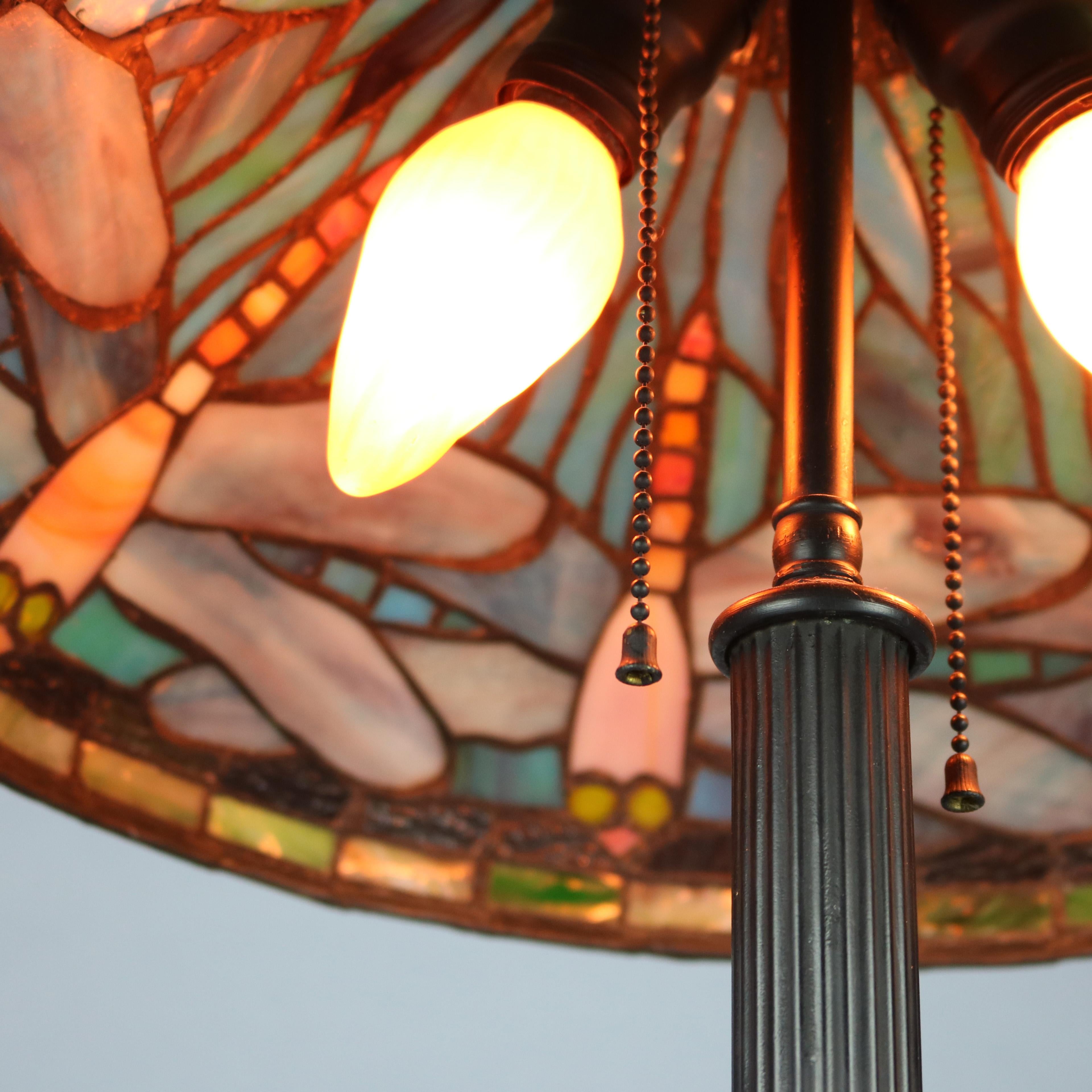 Cast Vintage Tiffany Style Mosaic Jeweled and Leaded Glass Dragonfly Table Lamp