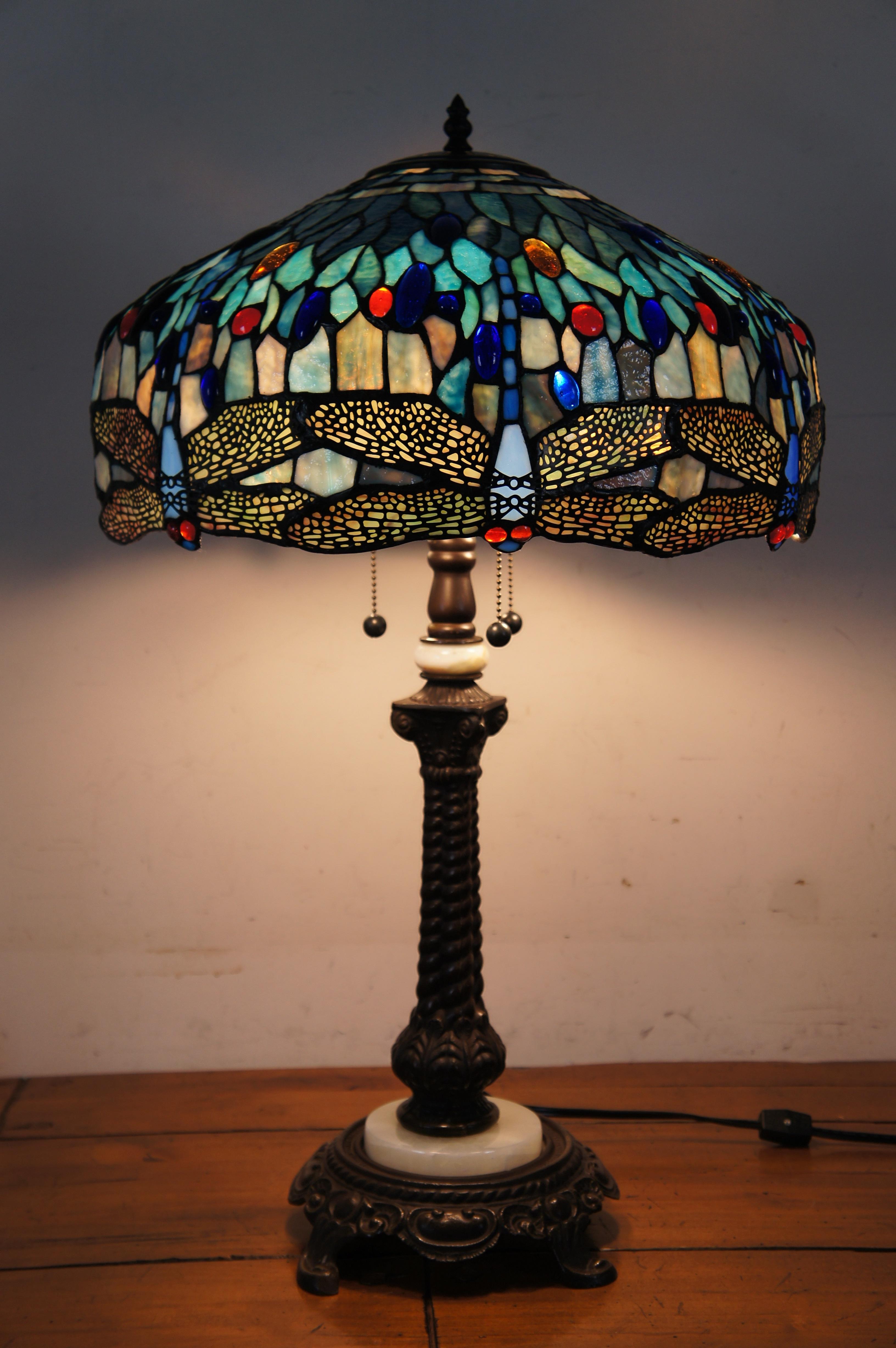 Vintage Tiffany Style Stained Glass 3 Light Dragonfly Parlor Table Lamp 28