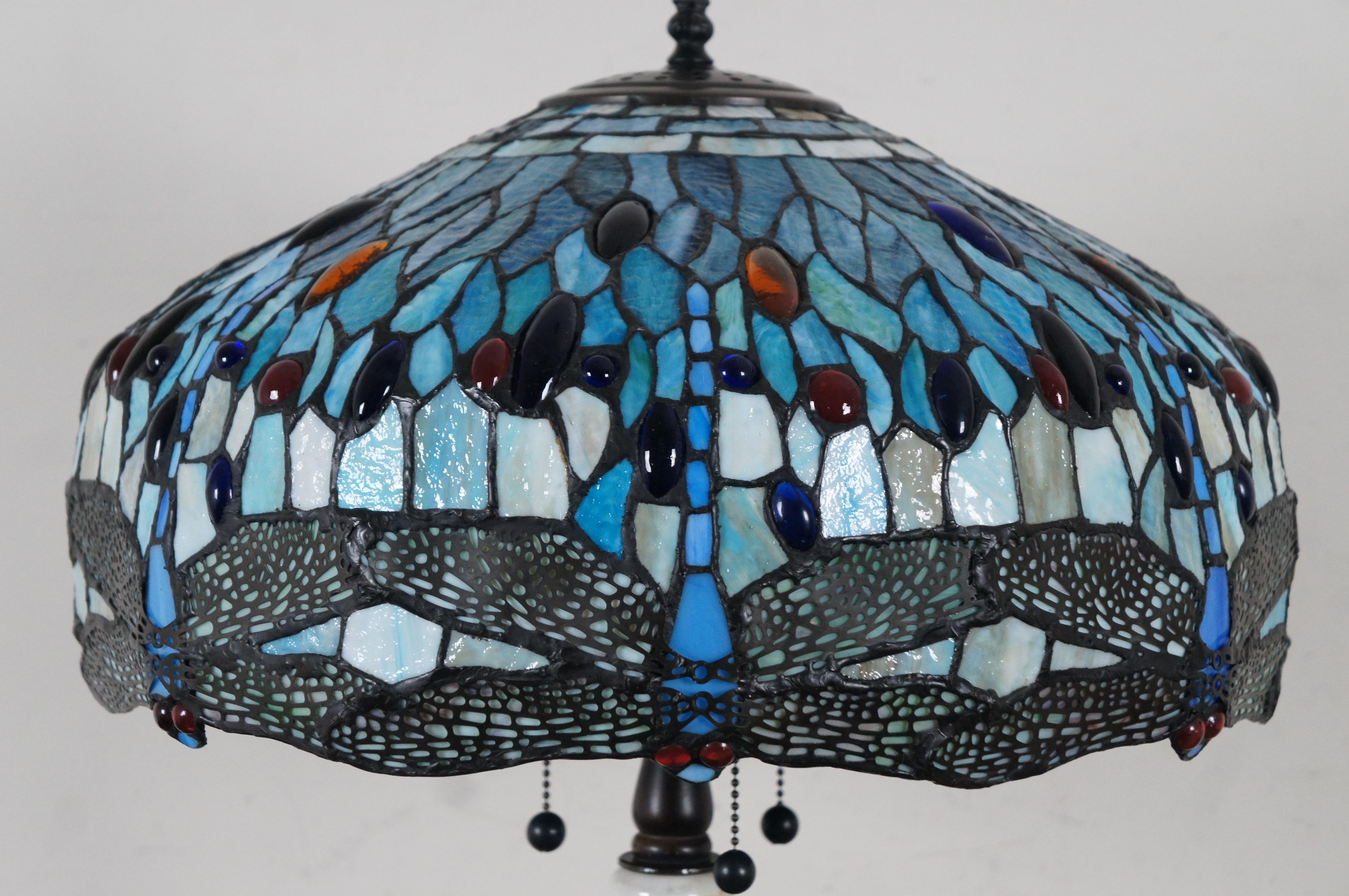 Vintage Tiffany Style Stained Glass 3 Light Dragonfly Parlor Table Lamp 28