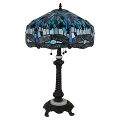 Vintage-Tischlampe im Tiffany-Stil aus Buntglas mit 3 Lichtern und Libellenmuster 28"