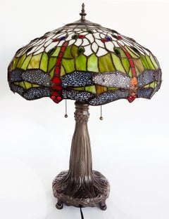Vintage Tiffany Style Stained Glass Dragonfly Table Lamp