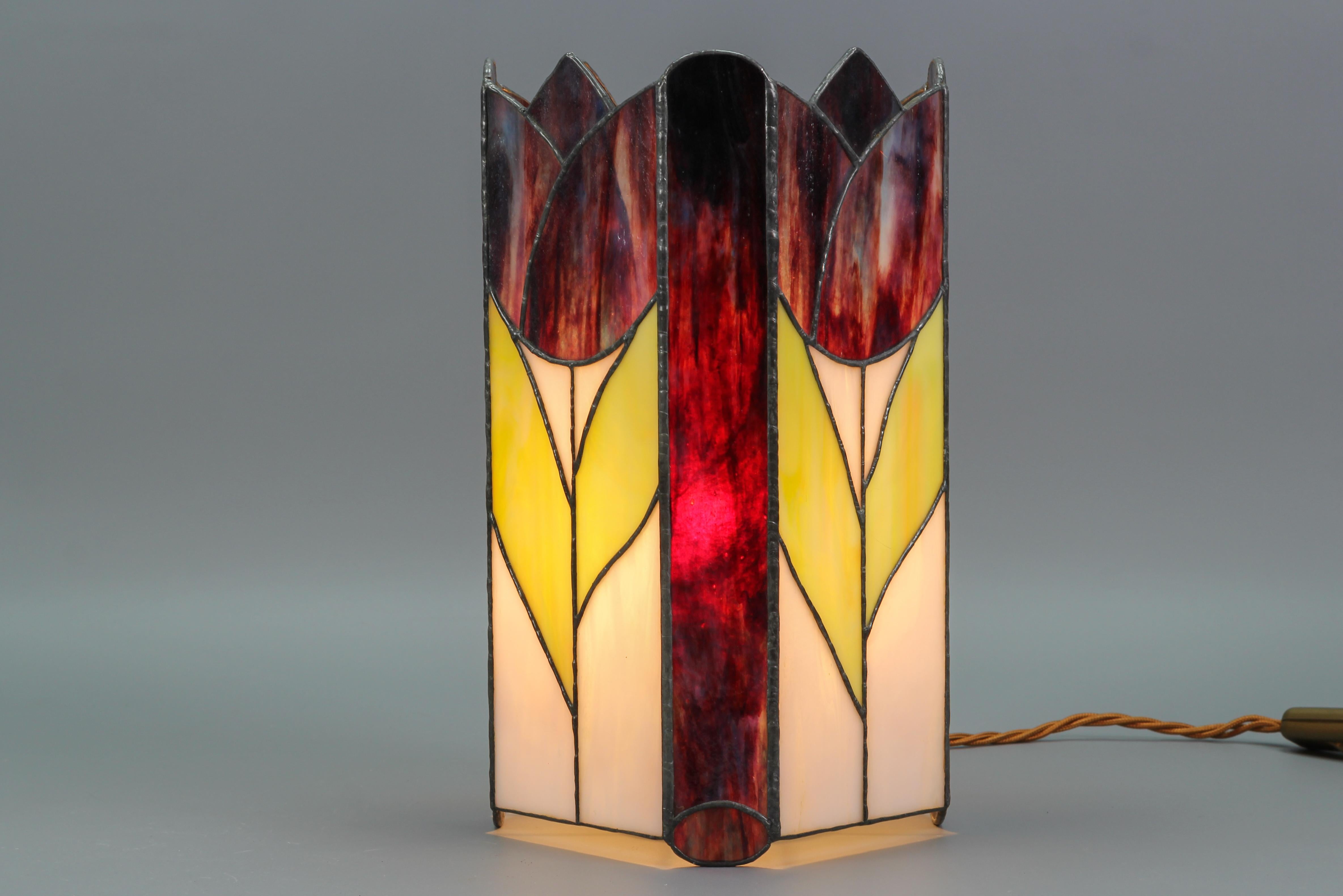 Vintage Tiffany-Style Stained Glass Square Lamp Tulips 5