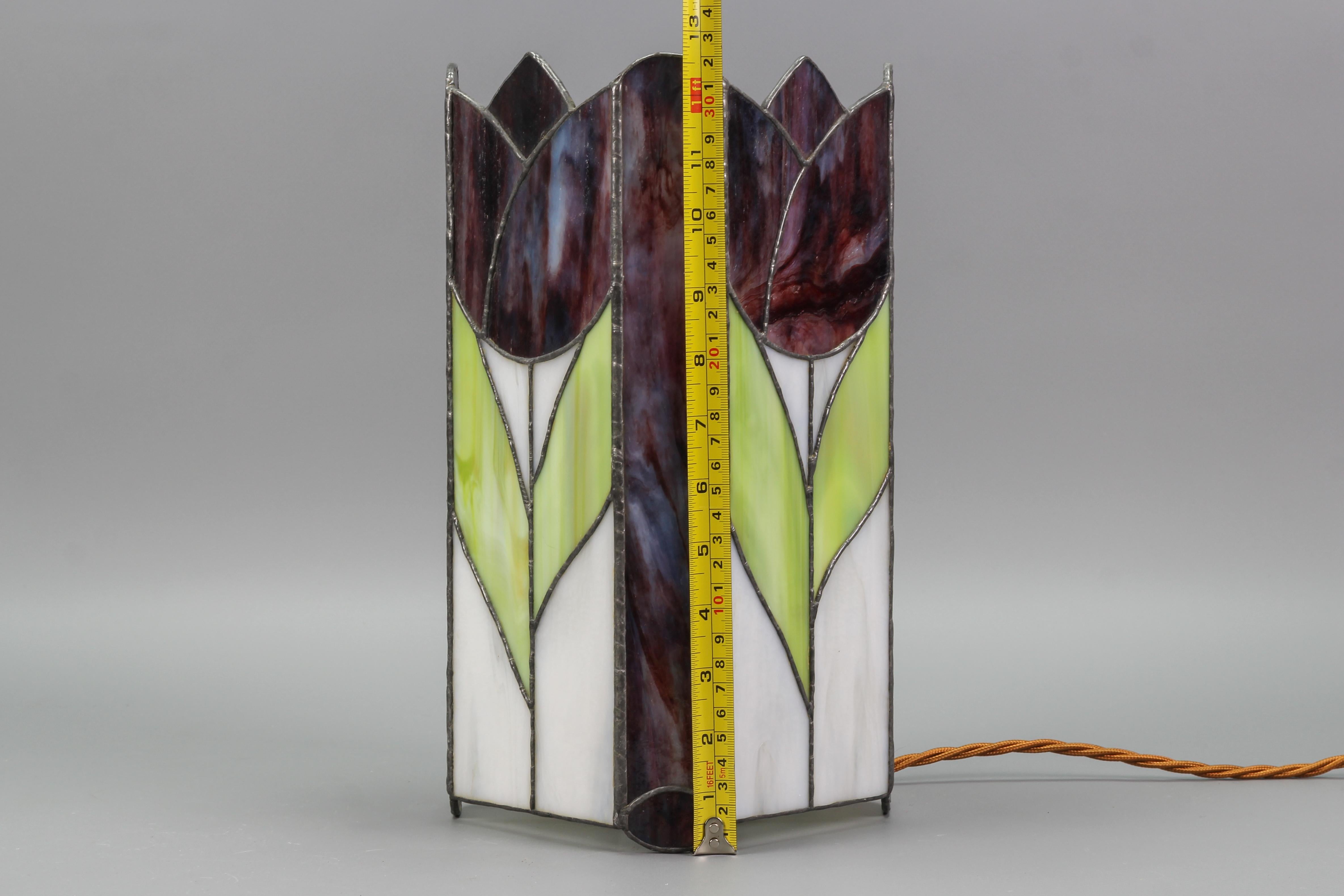 Vintage Tiffany-Style Stained Glass Square Lamp Tulips 11