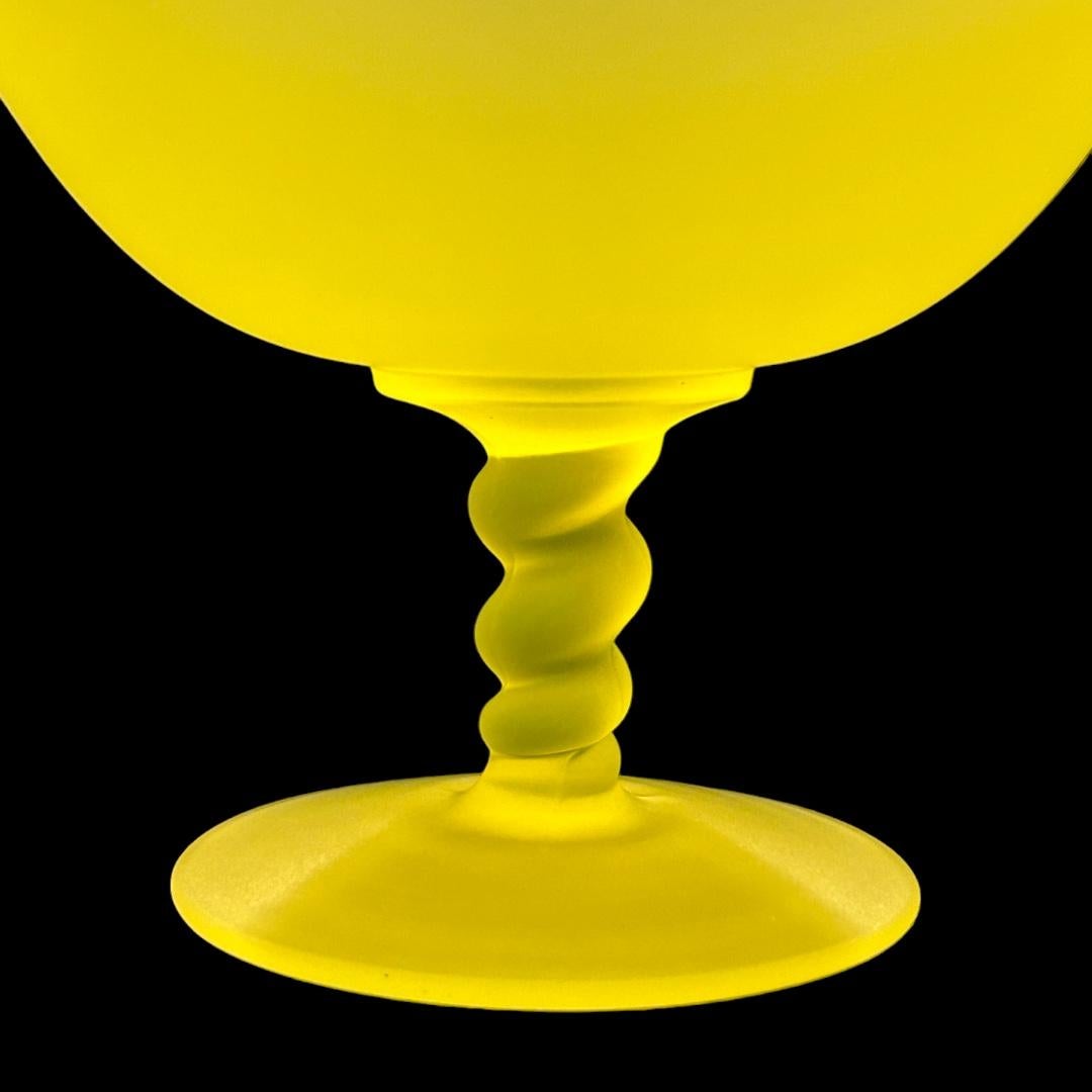 Mid-Century Modern Vintage Tiffin Yellow Satin Vaseline Glass Compote with Spiral Stem For Sale
