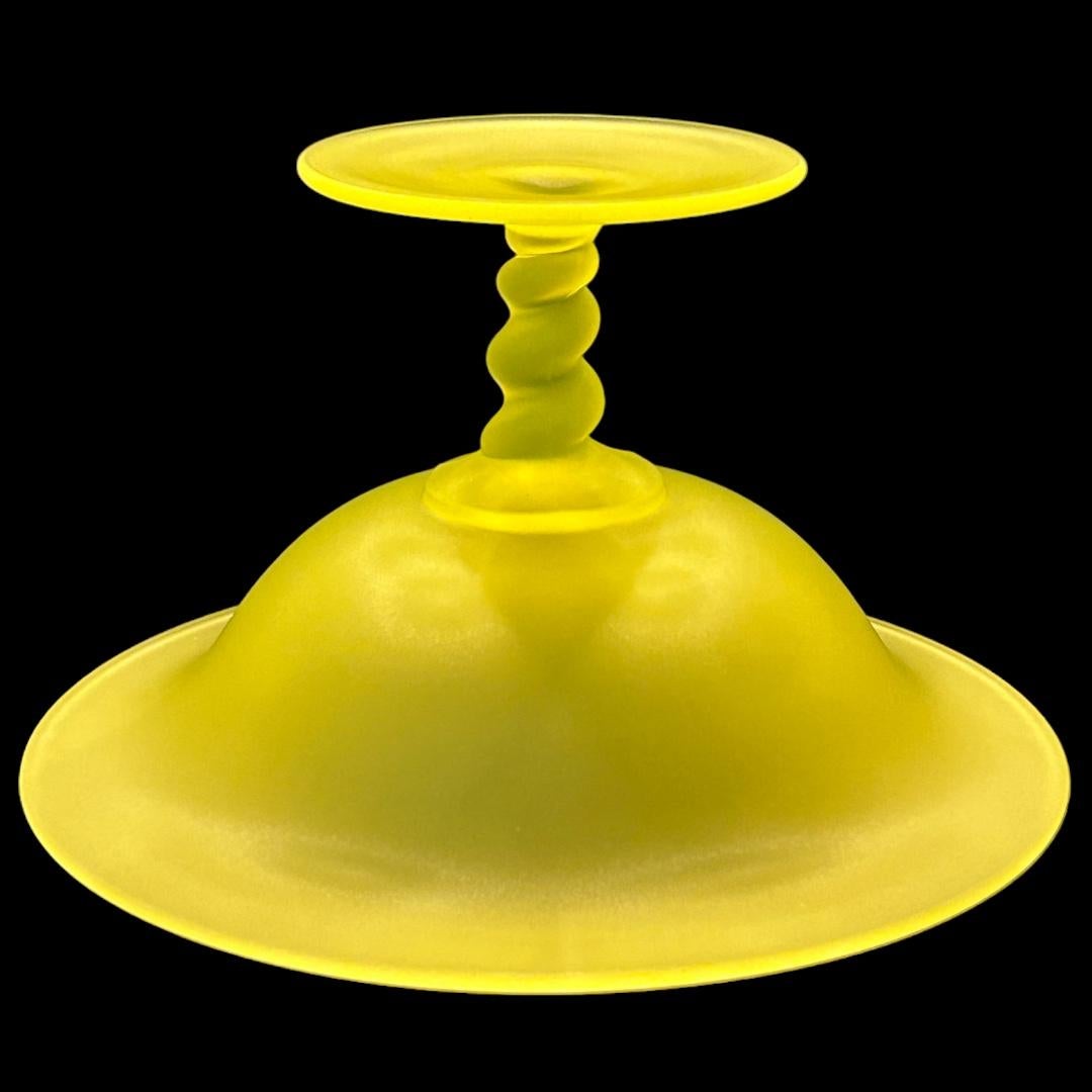 Vintage Tiffin Yellow Satin Vaseline Glass Compote with Spiral Stem In Good Condition For Sale In Naples, FL