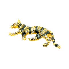 Vintage Tiger Brooch with Enamel & Crystals 1990s