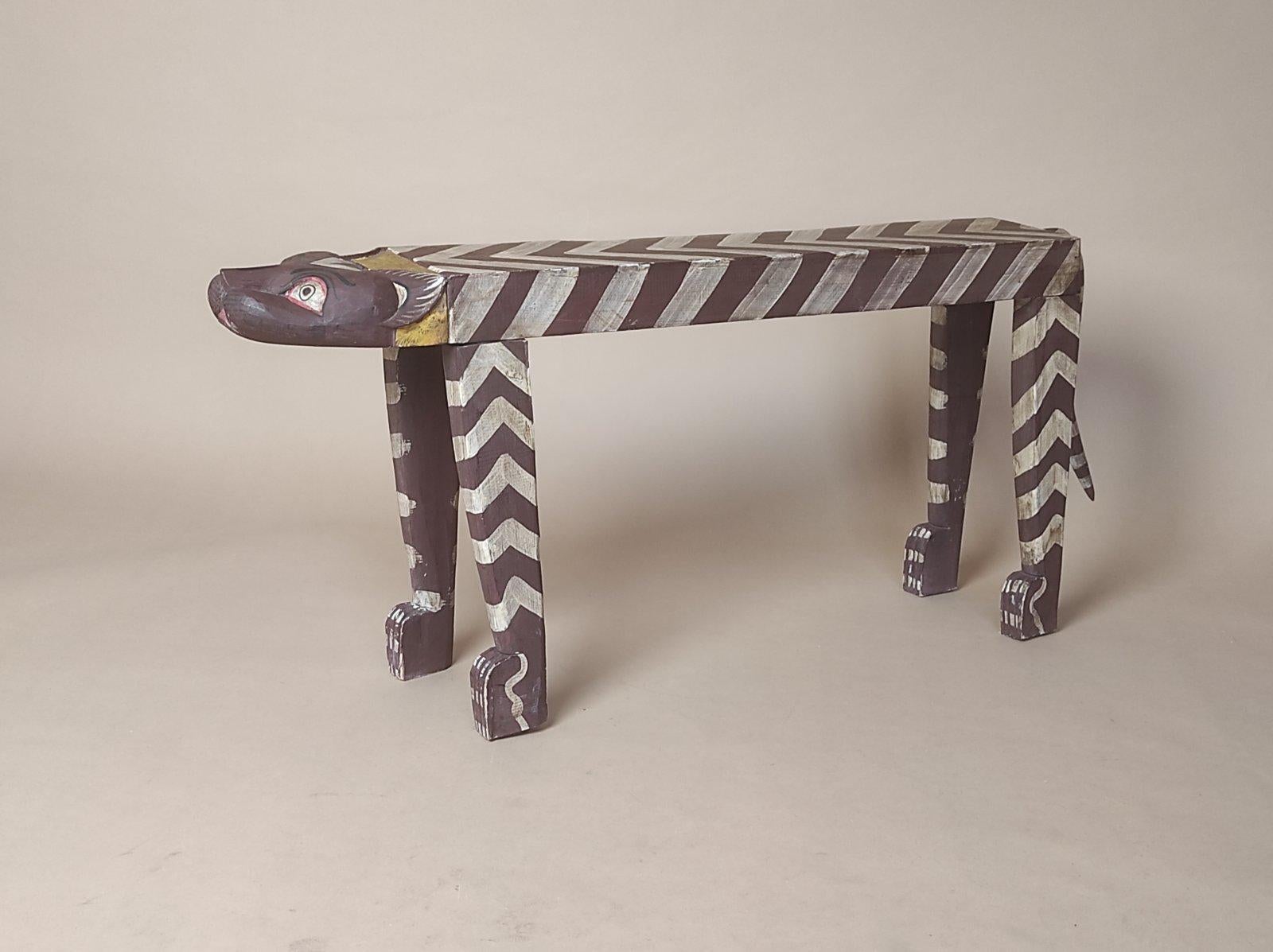 Mid-20th Century Vintage Tiger Hand Painted Carved Motif Wood Bench 1950s For Sale