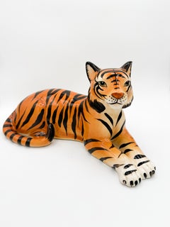Vintage Tiger Hand Painted Glazed Ceramic Sculpture Mid Century