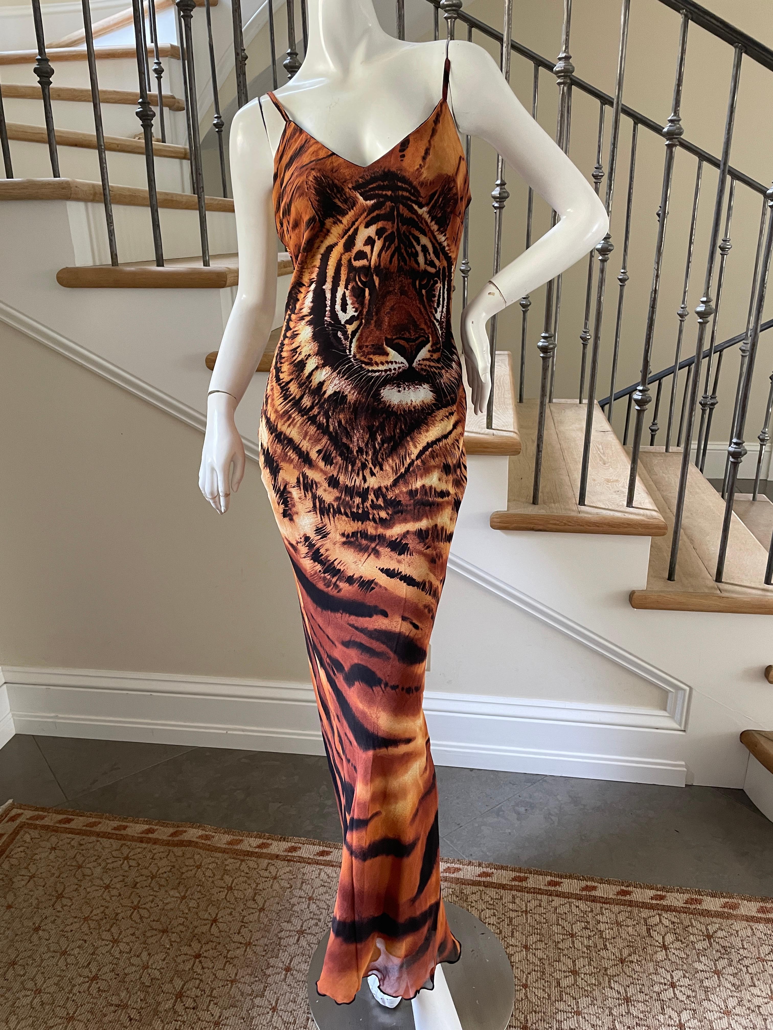 Beige Vintage Tiger Head Print Bias Cut Evening Dress 1990's Made in Italy 