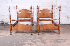 Vintage Tiger Maple Twin Pineapple Poster Beds, Pair