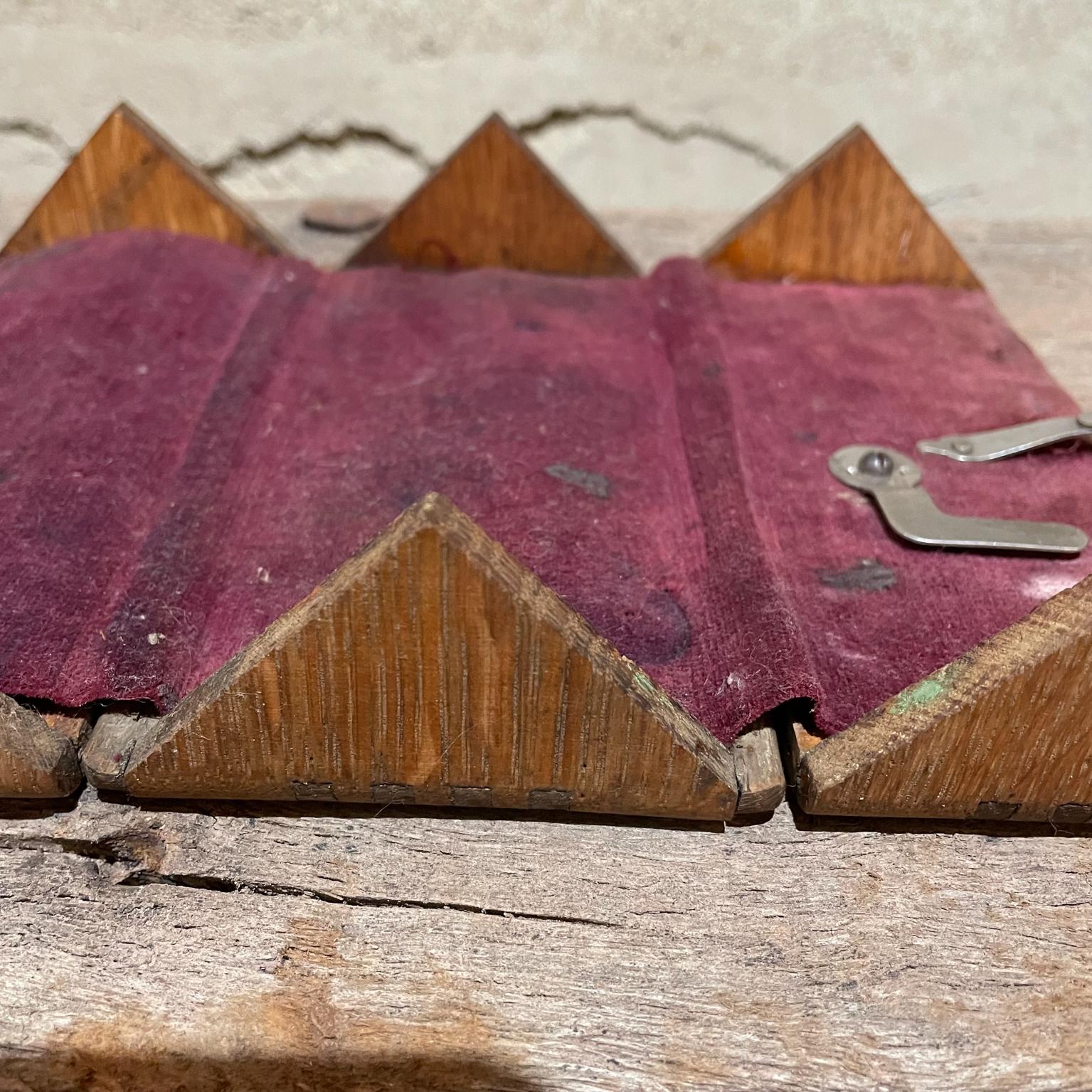 Mid-Century Modern Vintage Tiger Oak Antique Folding Wood Puzzle Box Red Felt Lining by Singer